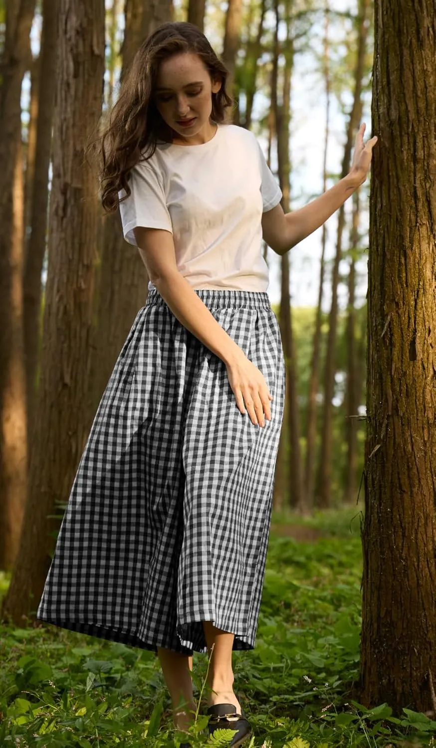 FaroDor Women Gingham Culottes Wide Leg Palazzo Pants Elastic Waist Plaid Capri with Pocket