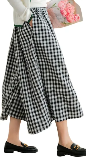 FaroDor Women Gingham Culottes Wide Leg Palazzo Pants Elastic Waist Plaid Capri with Pocket