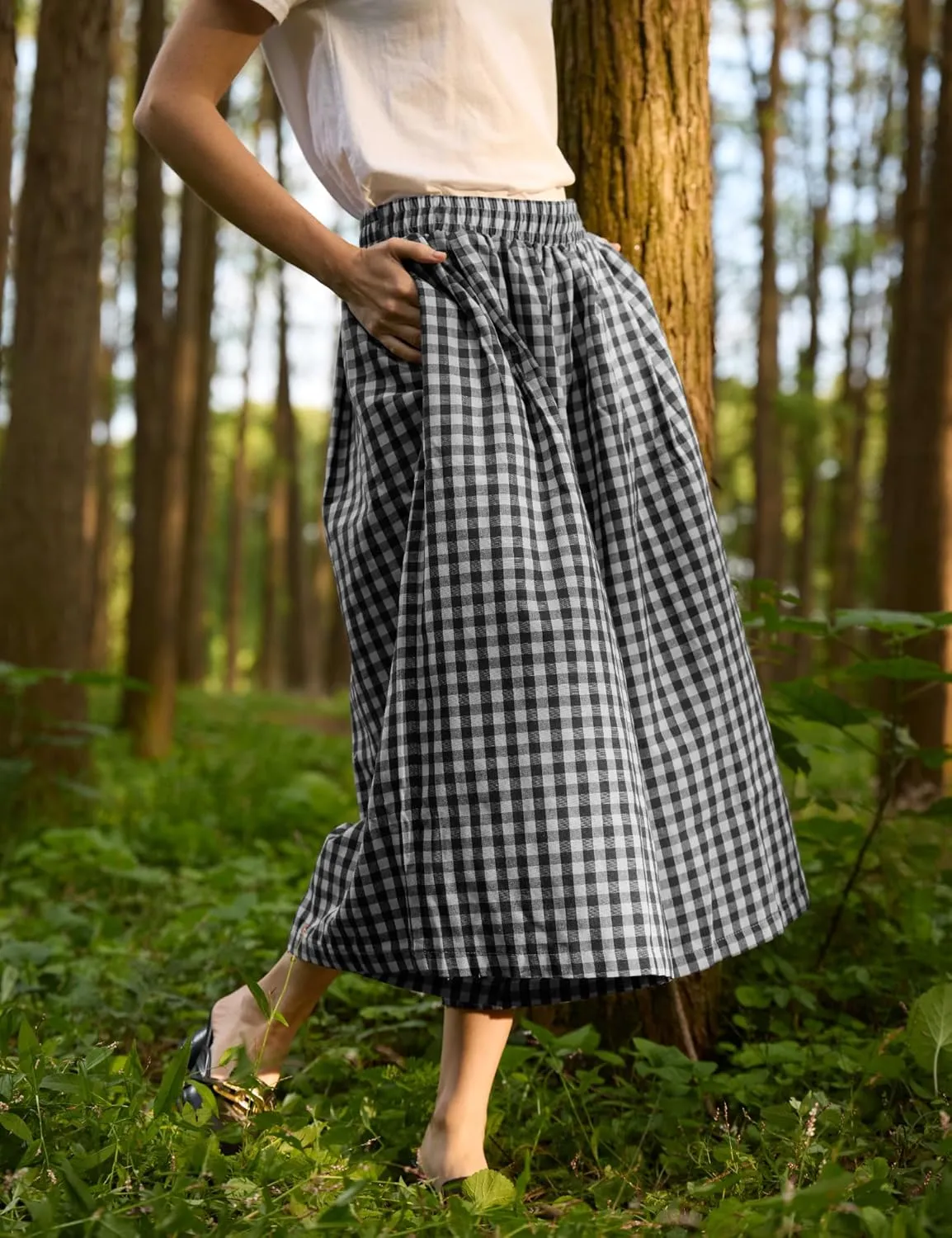 FaroDor Women Gingham Culottes Wide Leg Palazzo Pants Elastic Waist Plaid Capri with Pocket