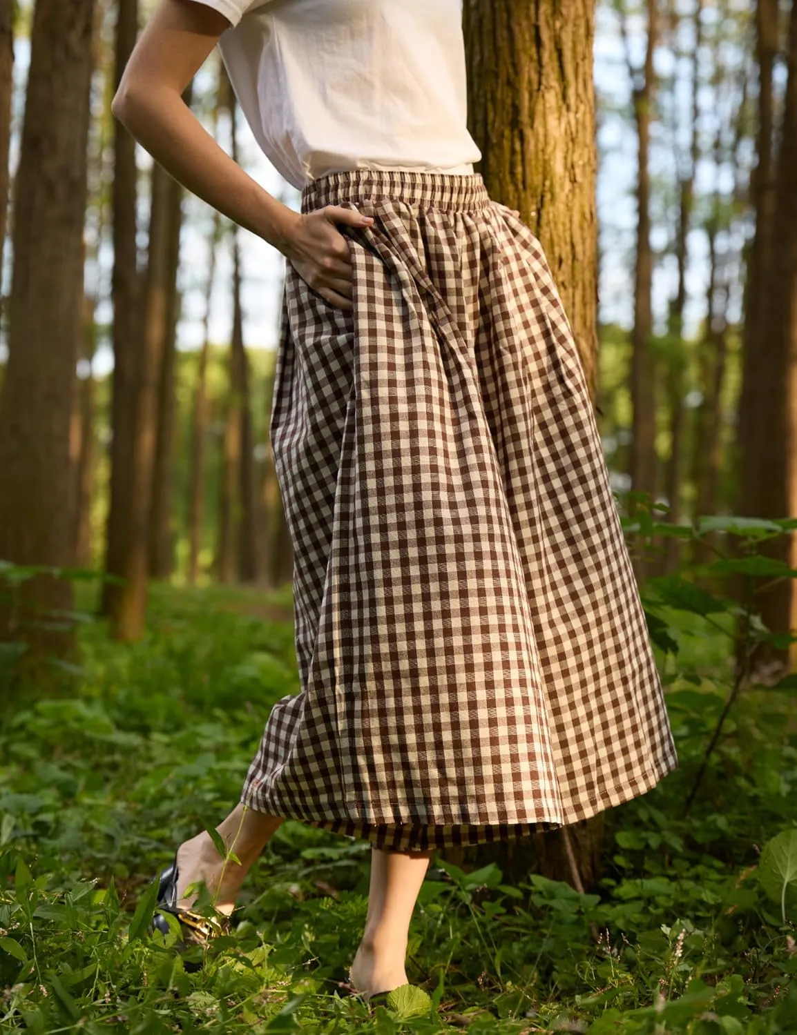 FaroDor Women Gingham Culottes Wide Leg Palazzo Pants Elastic Waist Plaid Capri with Pocket