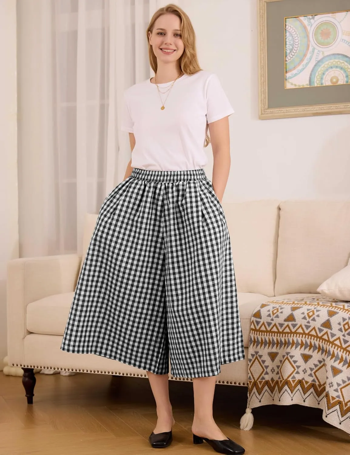 FaroDor Women Gingham Culottes Wide Leg Palazzo Pants Elastic Waist Plaid Capri with Pocket