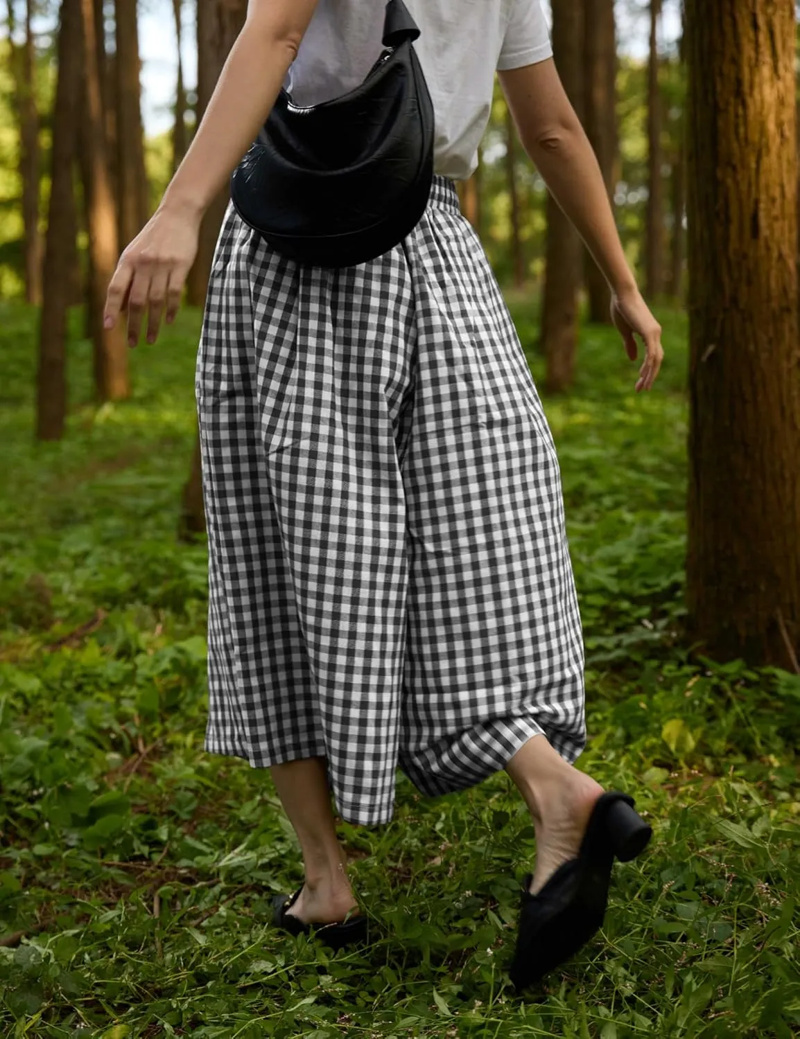 FaroDor Women Gingham Culottes Wide Leg Palazzo Pants Elastic Waist Plaid Capri with Pocket