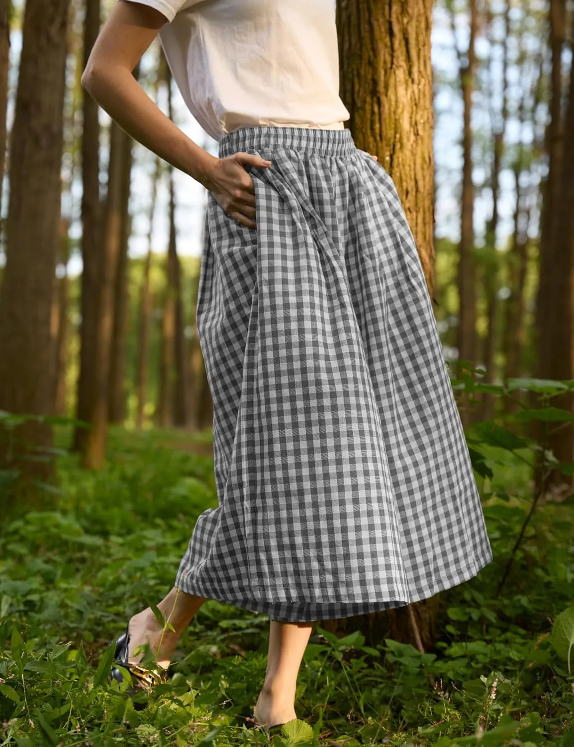 FaroDor Women Gingham Culottes Wide Leg Palazzo Pants Elastic Waist Plaid Capri with Pocket