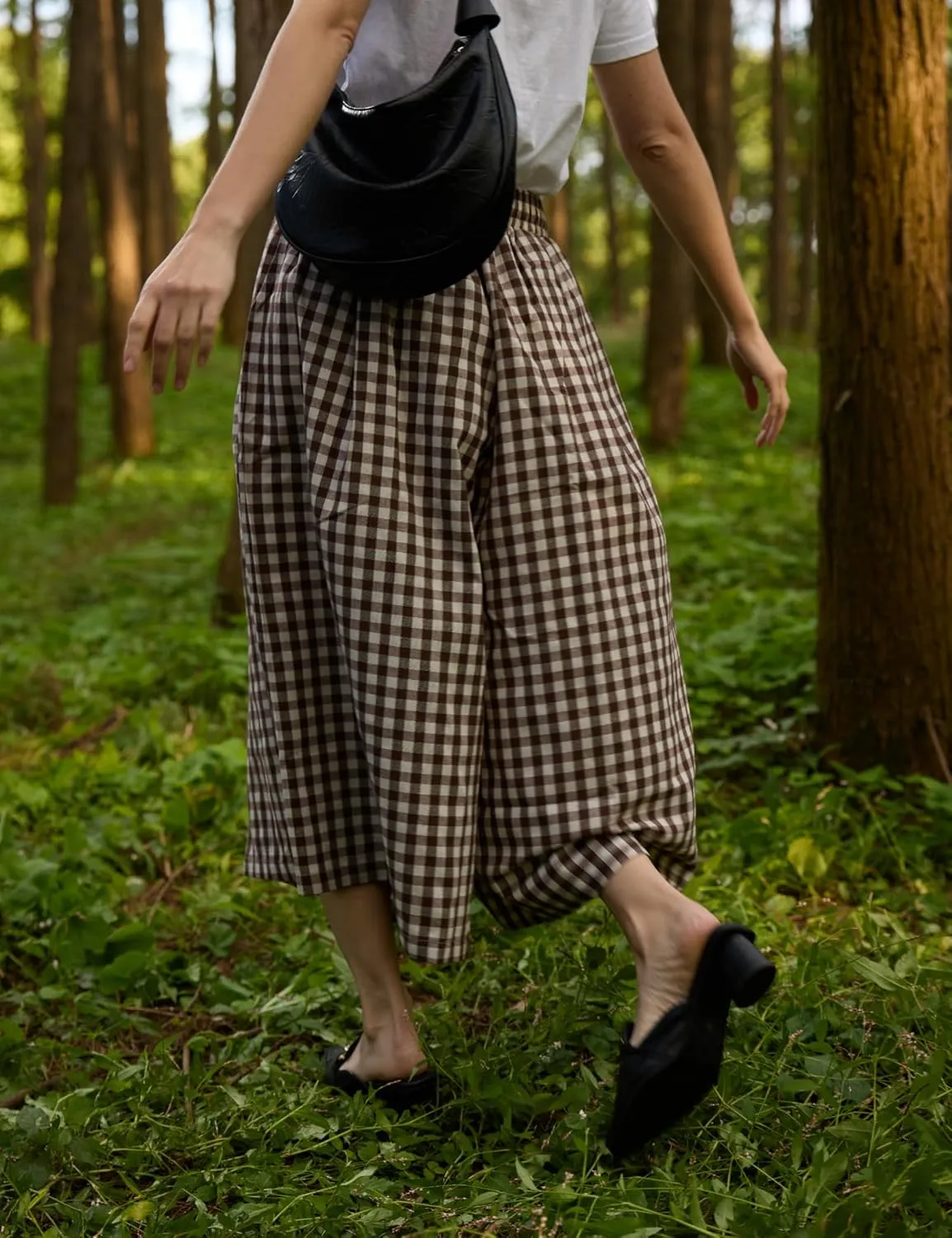 FaroDor Women Gingham Culottes Wide Leg Palazzo Pants Elastic Waist Plaid Capri with Pocket
