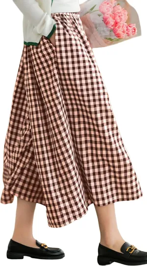 FaroDor Women Gingham Culottes Wide Leg Palazzo Pants Elastic Waist Plaid Capri with Pocket