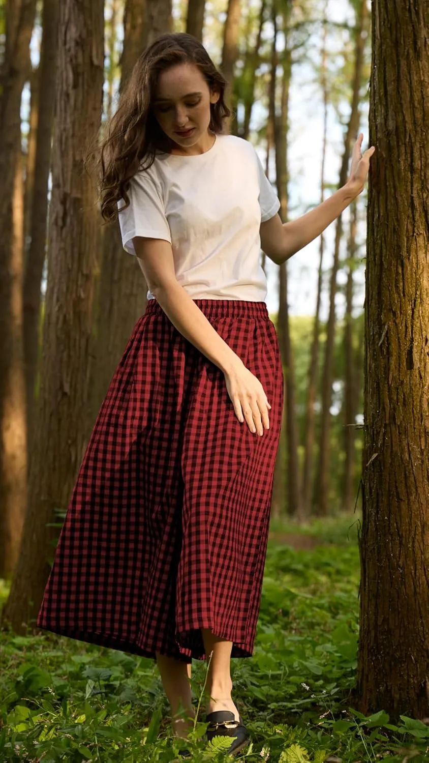 FaroDor Women Gingham Culottes Wide Leg Palazzo Pants Elastic Waist Plaid Capri with Pocket