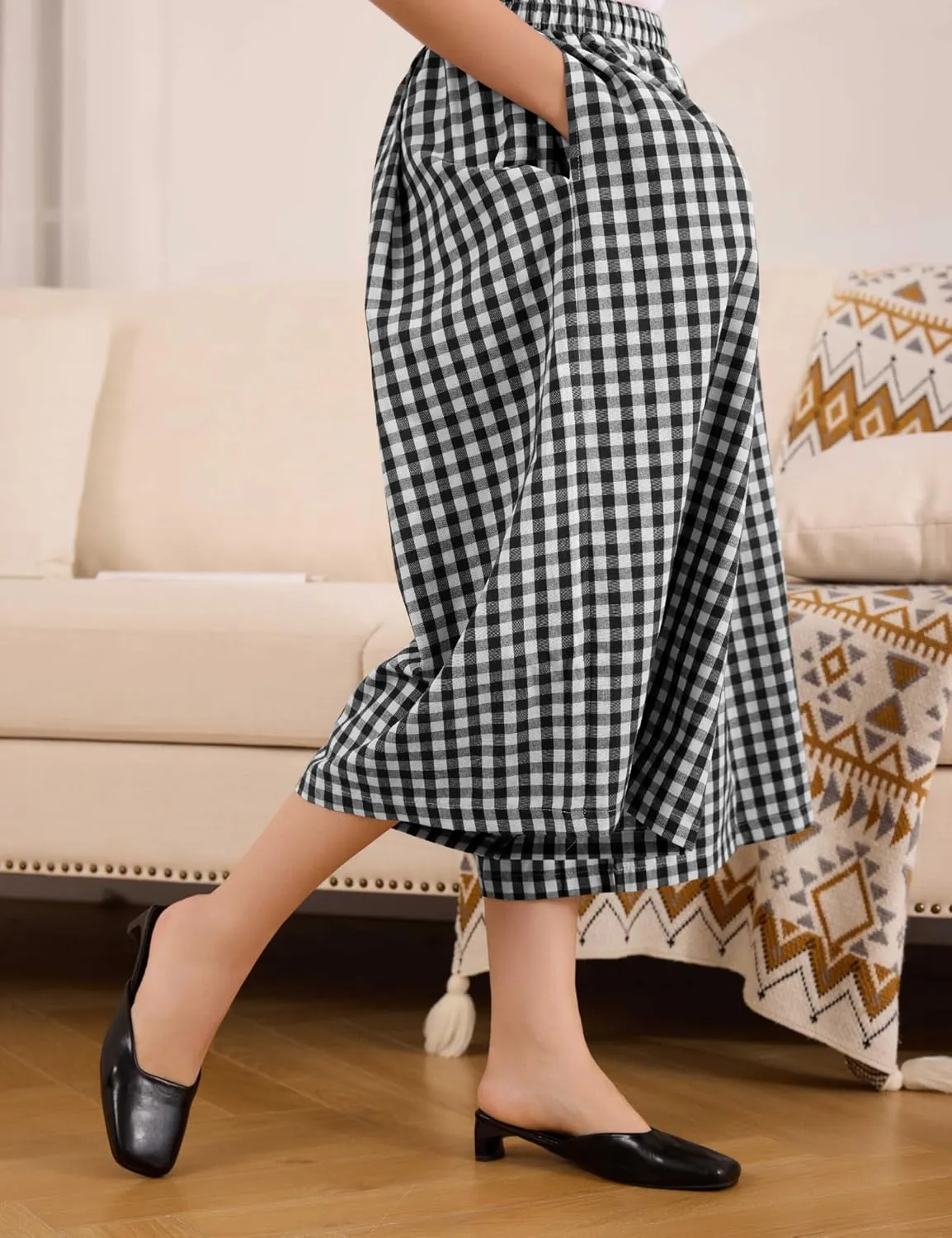 FaroDor Women Gingham Culottes Wide Leg Palazzo Pants Elastic Waist Plaid Capri with Pocket