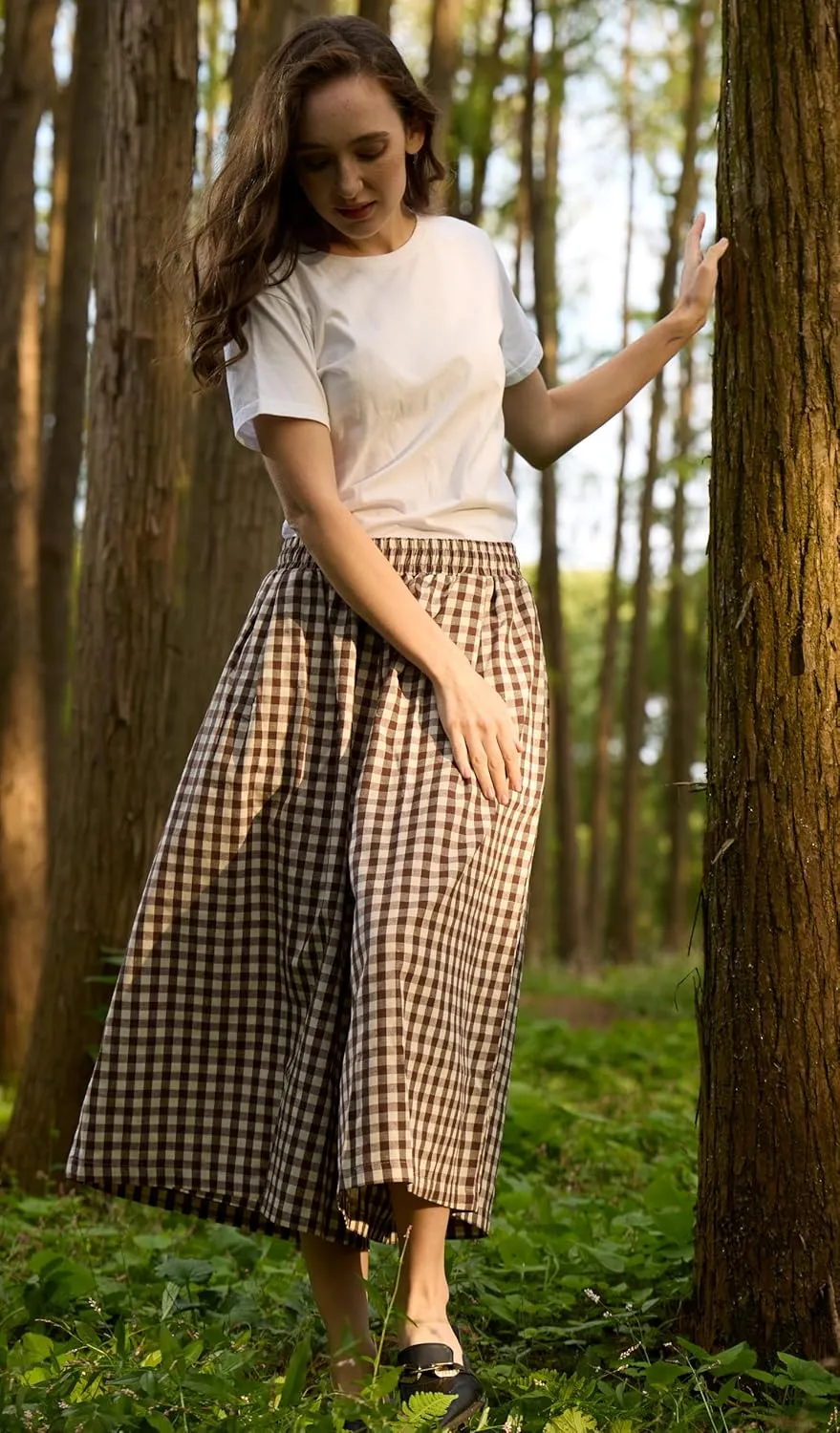 FaroDor Women Gingham Culottes Wide Leg Palazzo Pants Elastic Waist Plaid Capri with Pocket
