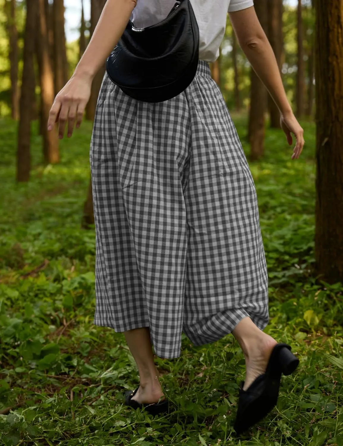 FaroDor Women Gingham Culottes Wide Leg Palazzo Pants Elastic Waist Plaid Capri with Pocket
