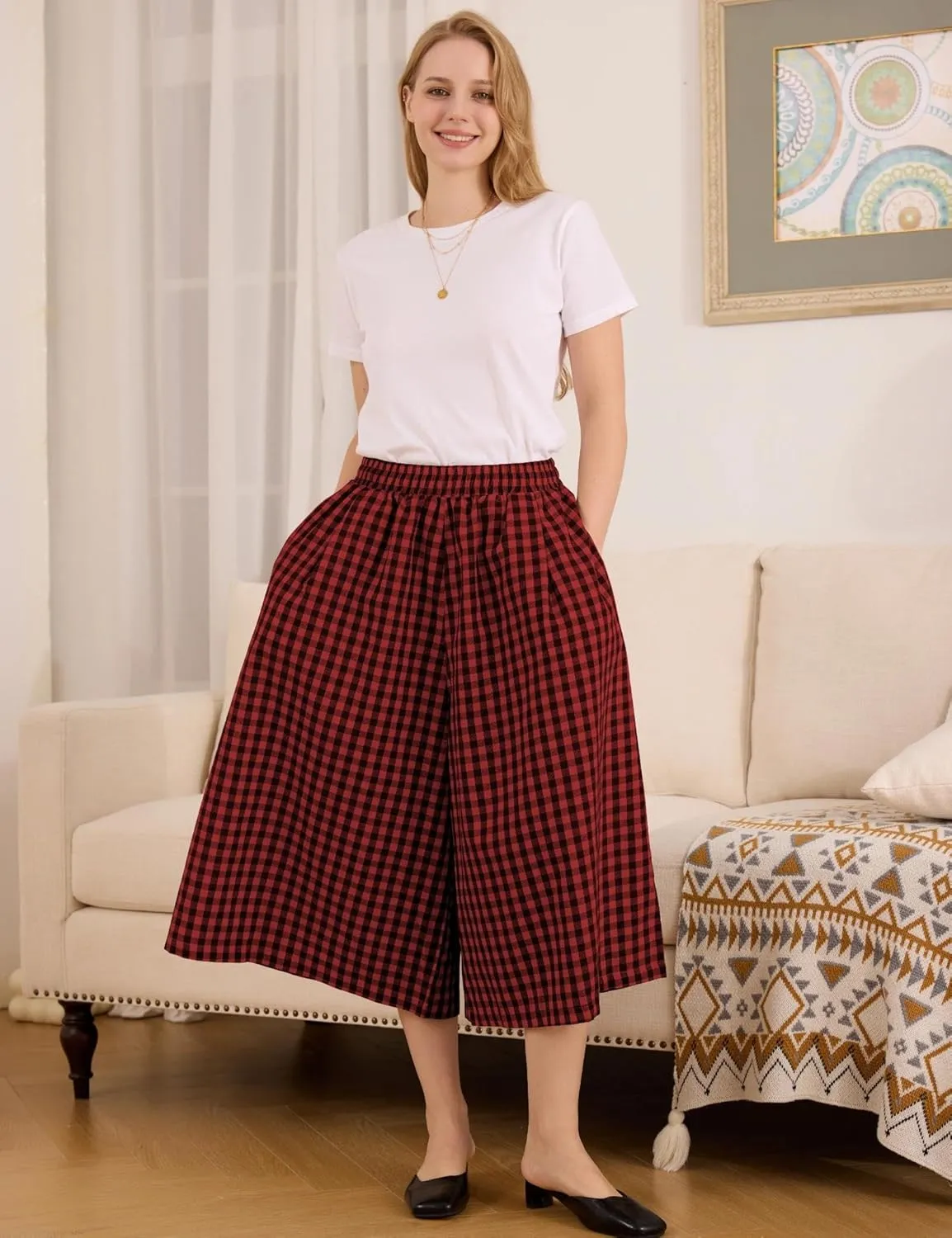 FaroDor Women Gingham Culottes Wide Leg Palazzo Pants Elastic Waist Plaid Capri with Pocket