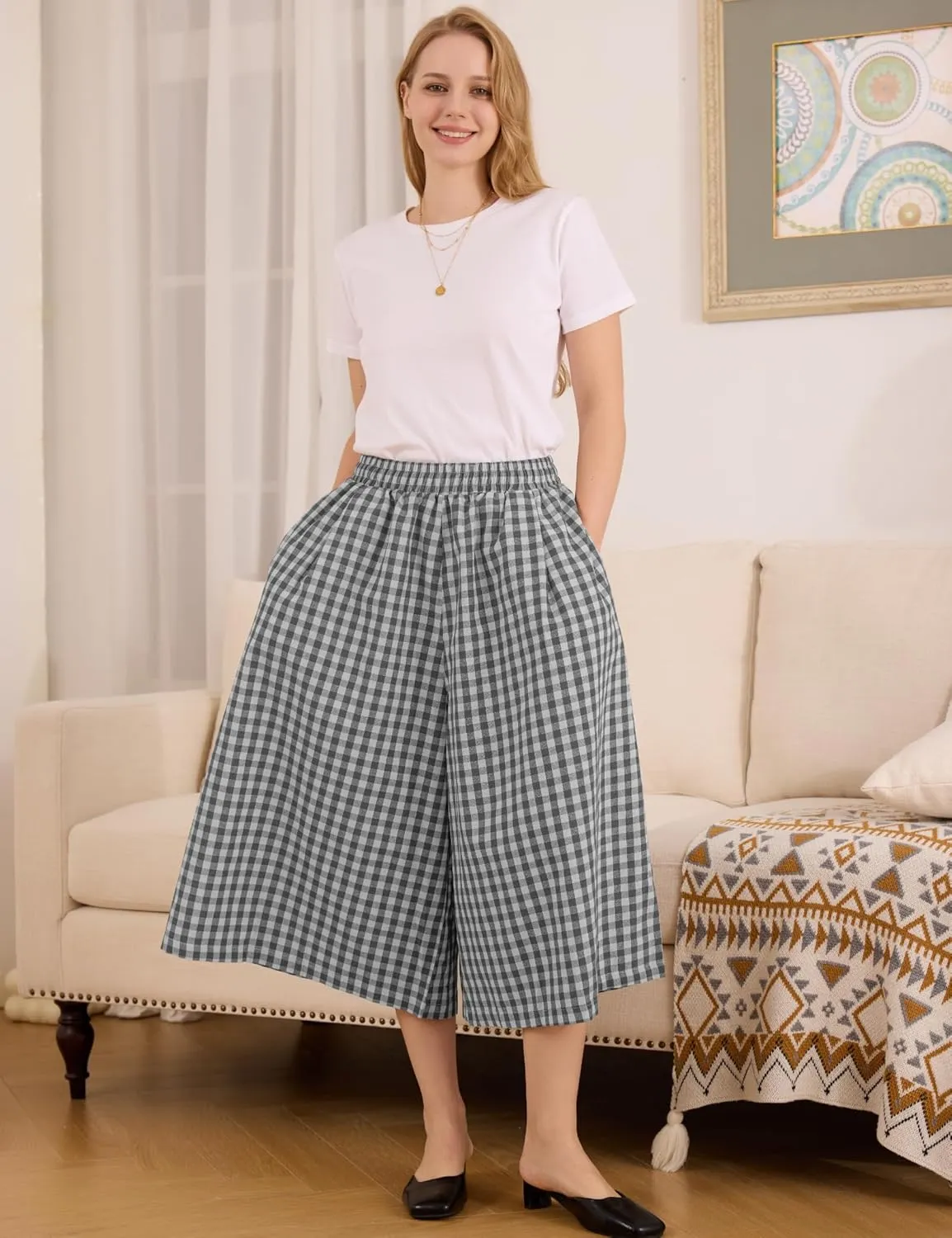 FaroDor Women Gingham Culottes Wide Leg Palazzo Pants Elastic Waist Plaid Capri with Pocket