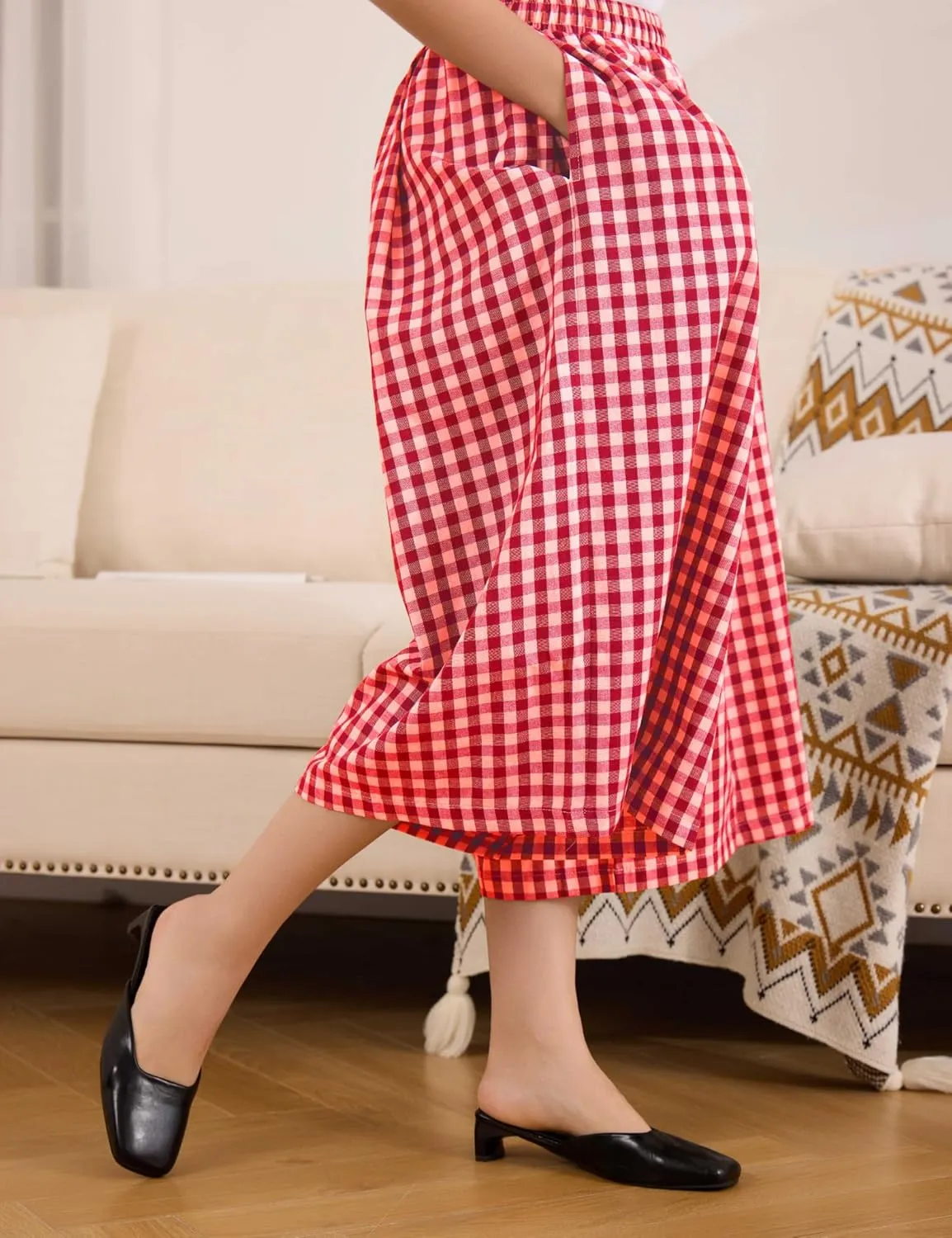 FaroDor Women Gingham Culottes Wide Leg Palazzo Pants Elastic Waist Plaid Capri with Pocket