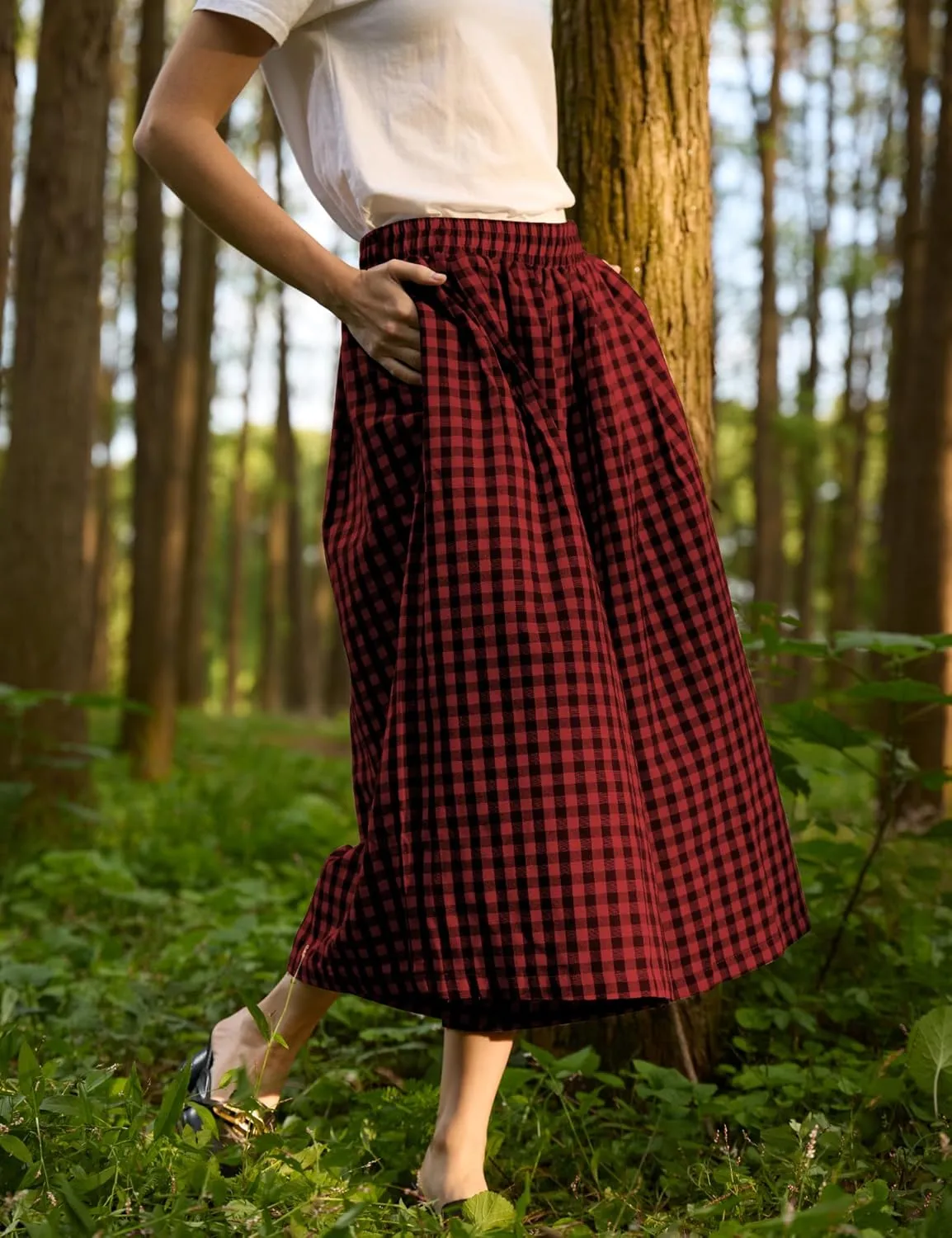 FaroDor Women Gingham Culottes Wide Leg Palazzo Pants Elastic Waist Plaid Capri with Pocket