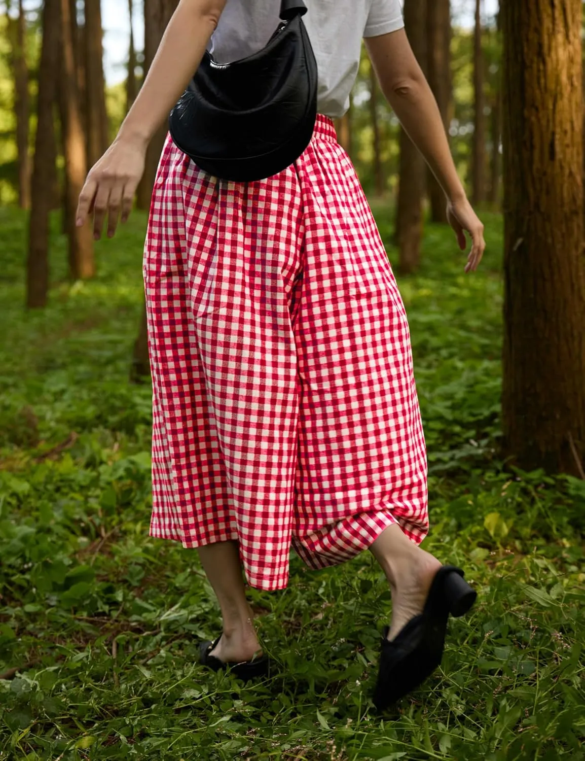 FaroDor Women Gingham Culottes Wide Leg Palazzo Pants Elastic Waist Plaid Capri with Pocket