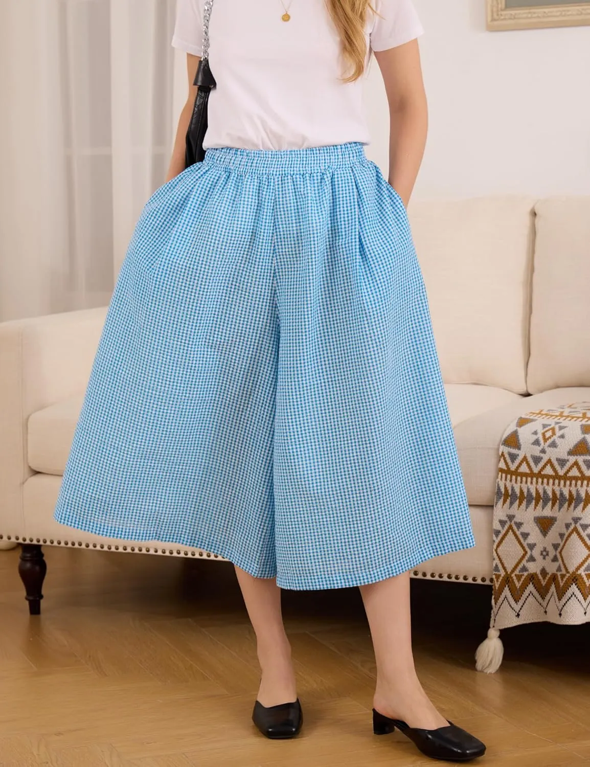 FaroDor Women Gingham Culottes Wide Leg Palazzo Pants Elastic Waist Plaid Capri with Pocket
