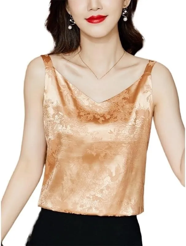 Fashionable Lace V-Neck Camisole Women's Large Size Outerwear Satin Sleeveless Base Shirt Inner Top(Champagne,XL)