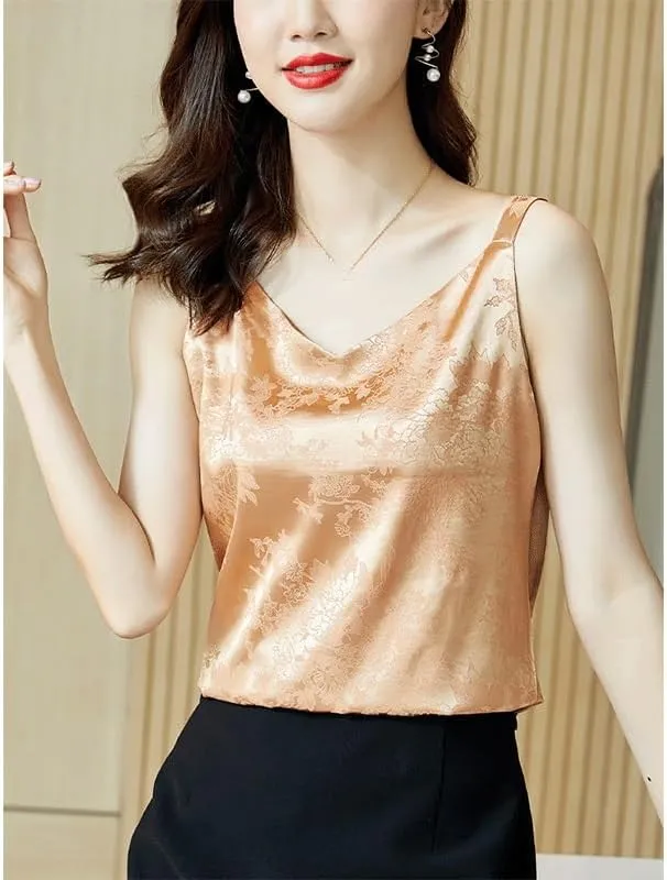 Fashionable Lace V-Neck Camisole Women's Large Size Outerwear Satin Sleeveless Base Shirt Inner Top(Champagne,XL)