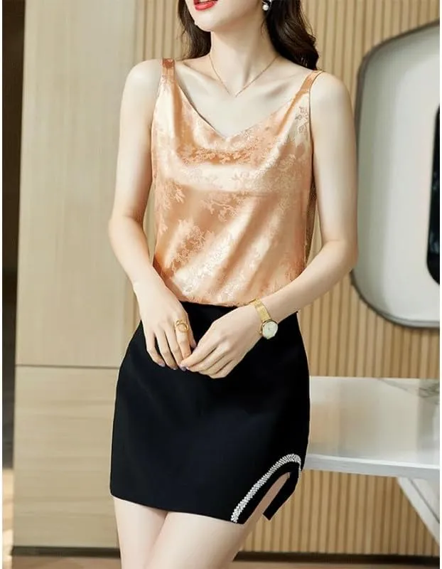 Fashionable Lace V-Neck Camisole Women's Large Size Outerwear Satin Sleeveless Base Shirt Inner Top(Champagne,XL)