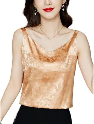 Fashionable Lace V-Neck Camisole Women's Large Size Outerwear Satin Sleeveless Base Shirt Inner Top(Champagne,XL)