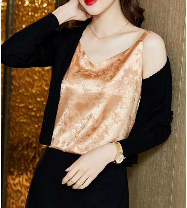 Fashionable Lace V-Neck Camisole Women's Large Size Outerwear Satin Sleeveless Base Shirt Inner Top(Champagne,XL)