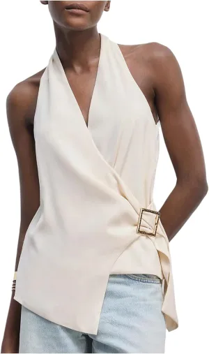 Floerns Women's Elegant Wrap Front Halter Top Metal Buckle Sleeveless Office Camisole