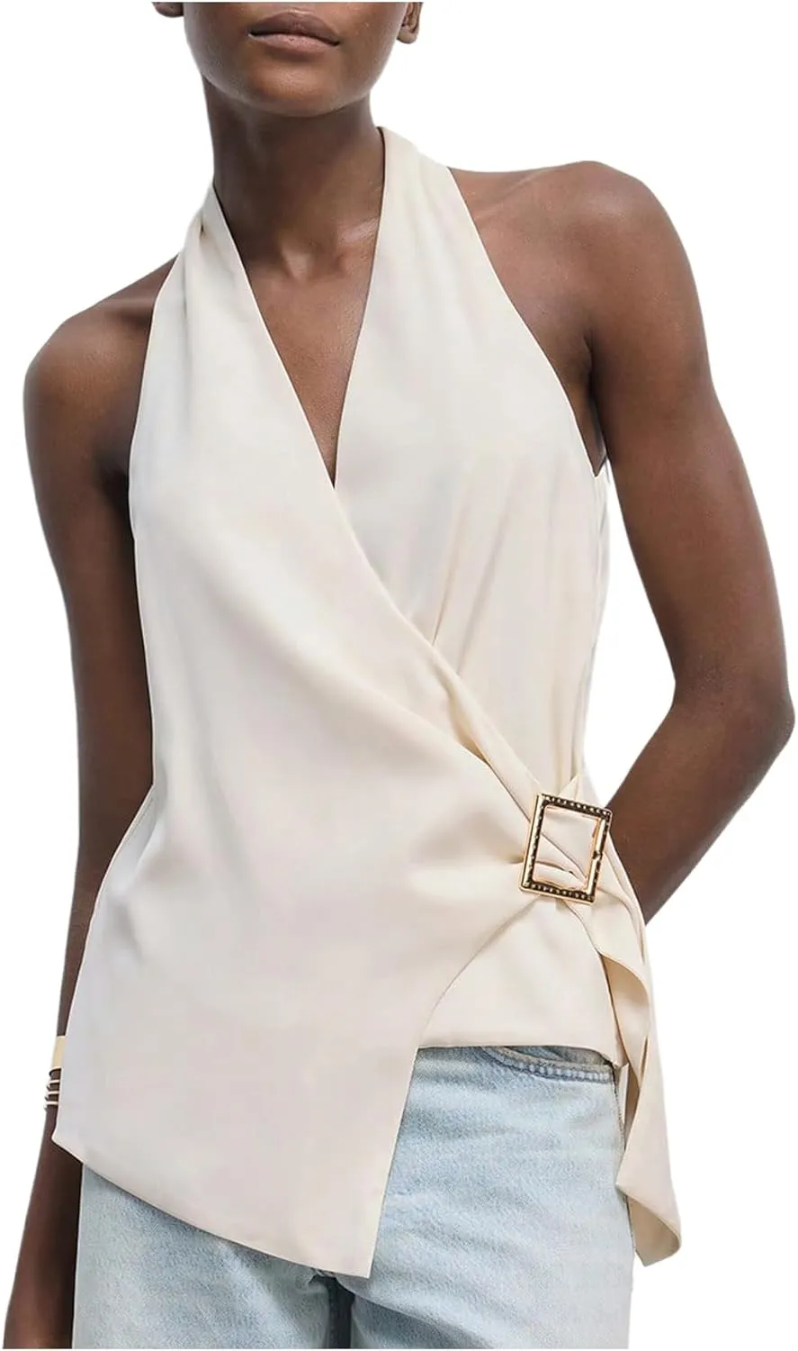 Floerns Women's Elegant Wrap Front Halter Top Metal Buckle Sleeveless Office Camisole