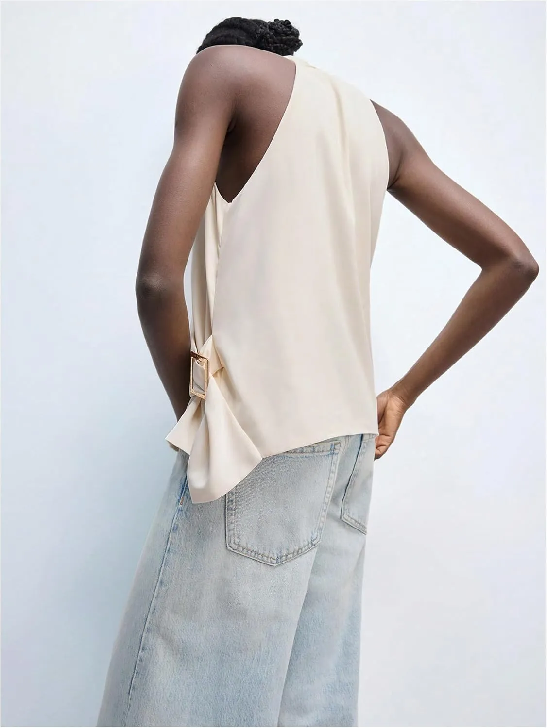 Floerns Women's Elegant Wrap Front Halter Top Metal Buckle Sleeveless Office Camisole