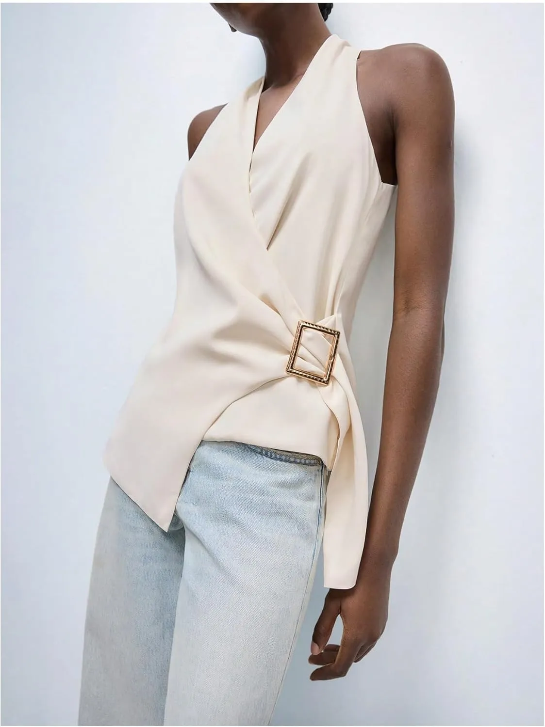Floerns Women's Elegant Wrap Front Halter Top Metal Buckle Sleeveless Office Camisole