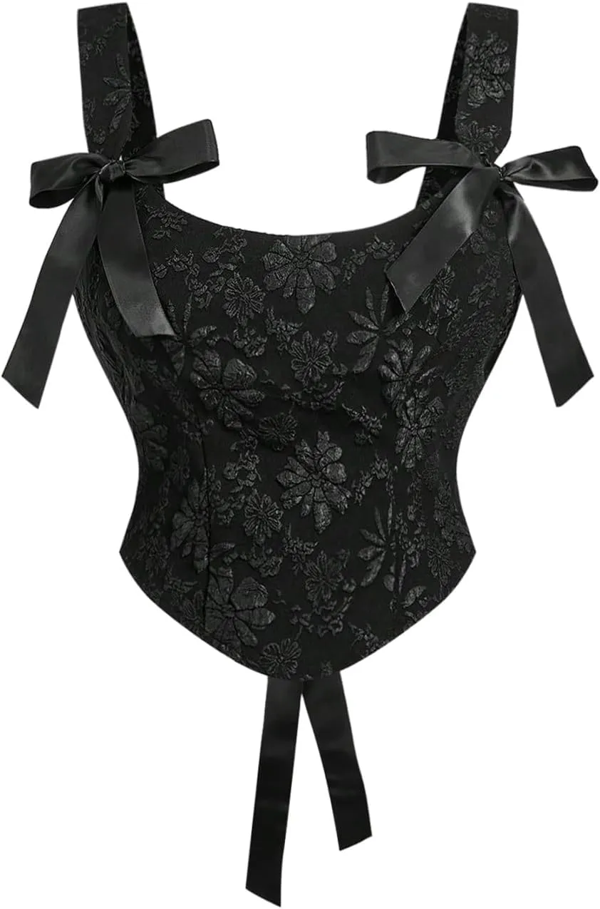 Floerns Women's Plus Size Cute Bowknot Tank Top Floral Jacquard Sleeveless Camisole