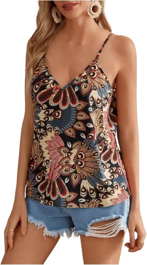 Floerns Women's Tribal Print Sleeveless Camisole V Neck Loose Vacation Cami Top