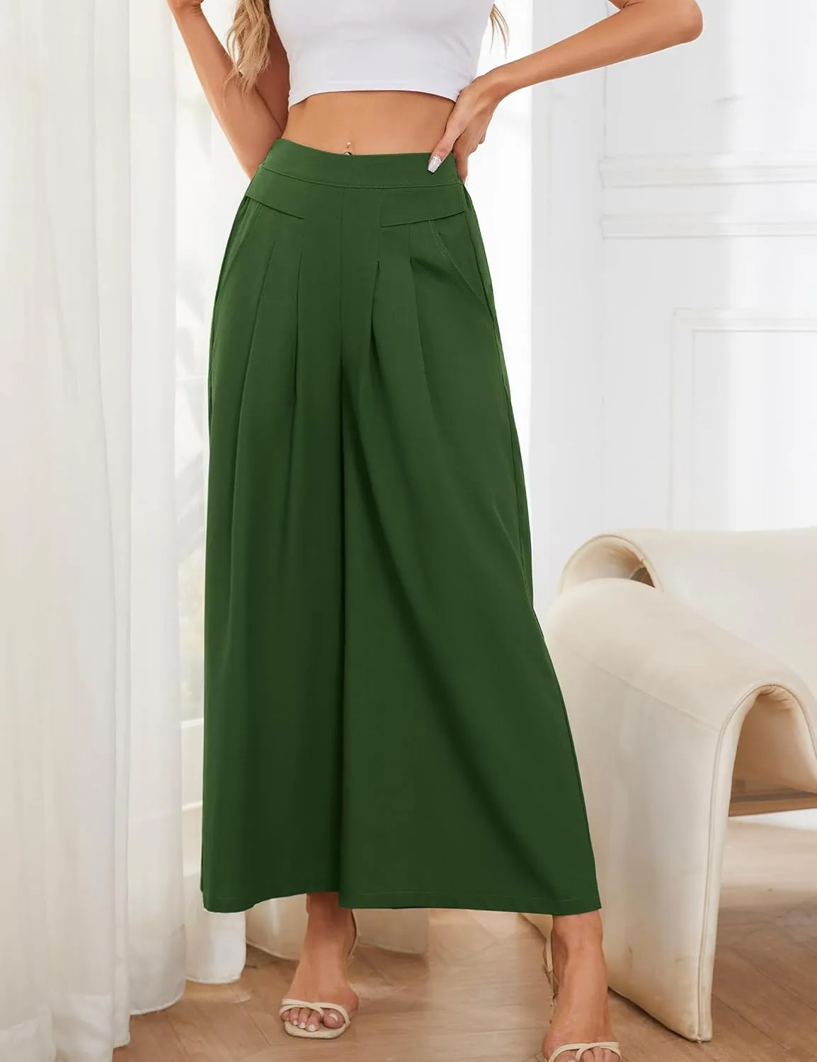 Flygo Palazzo Pants for Women Culottes Linen Pants Wide Leg Palazzo Trousers Gaucho Capri Pants with Pockets