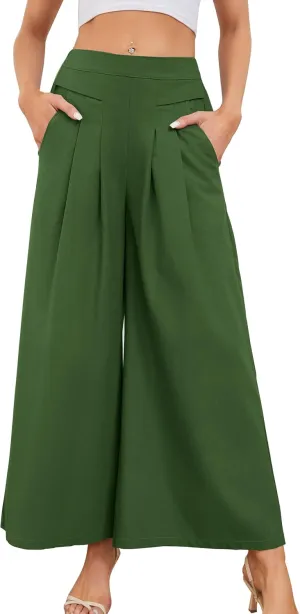 Flygo Palazzo Pants for Women Culottes Linen Pants Wide Leg Palazzo Trousers Gaucho Capri Pants with Pockets
