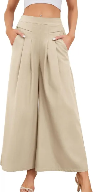 Flygo Palazzo Pants for Women Culottes Linen Pants Wide Leg Palazzo Trousers Gaucho Capri Pants with Pockets