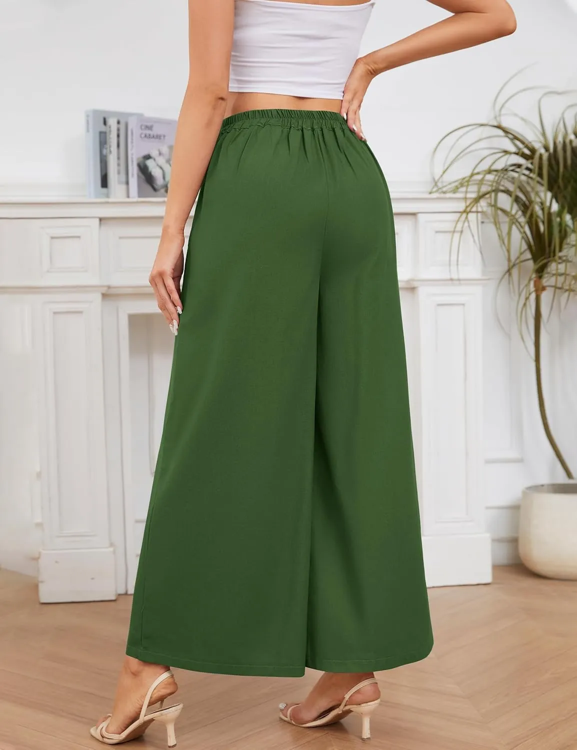 Flygo Palazzo Pants for Women Culottes Linen Pants Wide Leg Palazzo Trousers Gaucho Capri Pants with Pockets