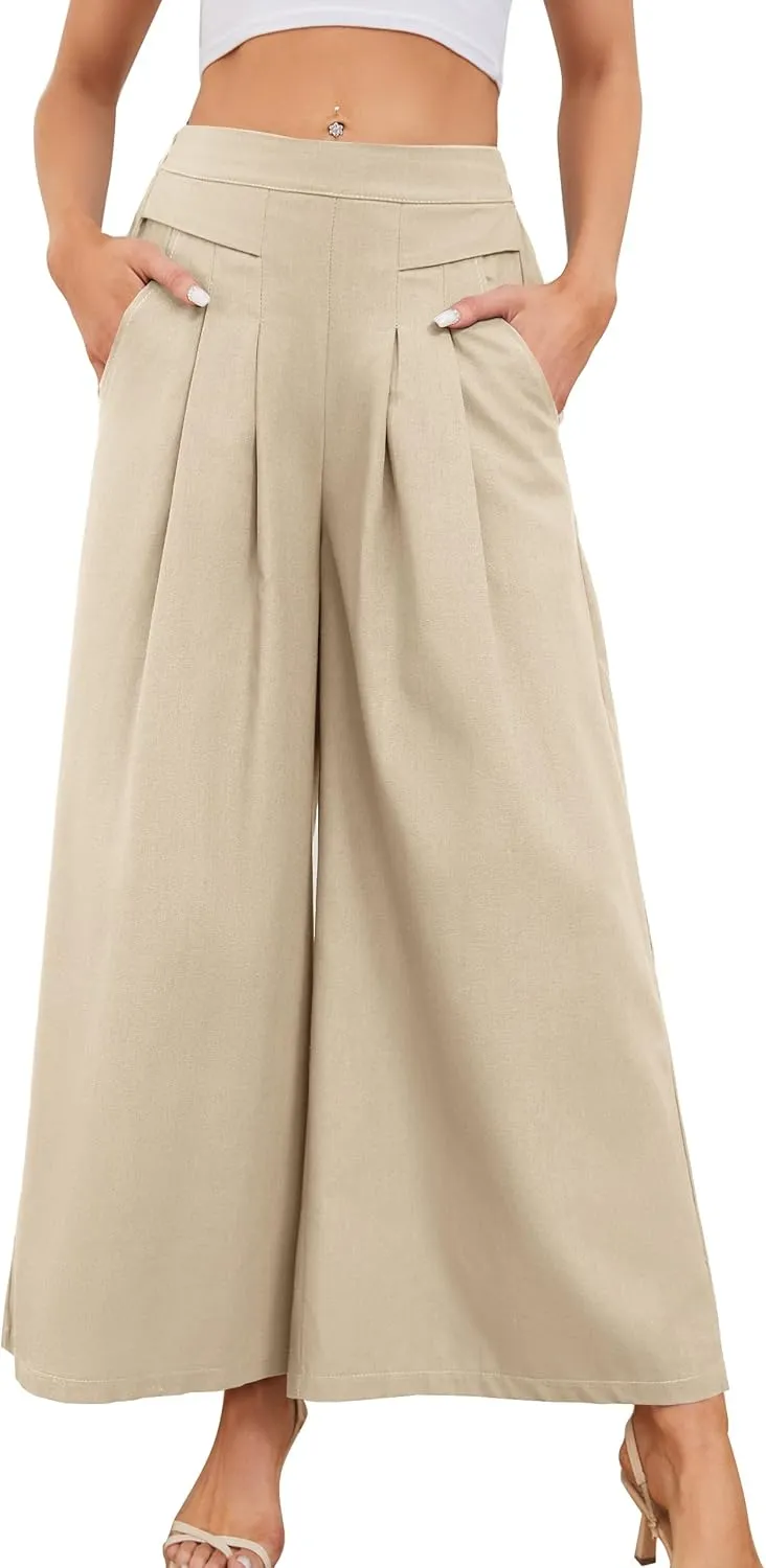 Flygo Palazzo Pants for Women Culottes Linen Pants Wide Leg Palazzo Trousers Gaucho Capri Pants with Pockets