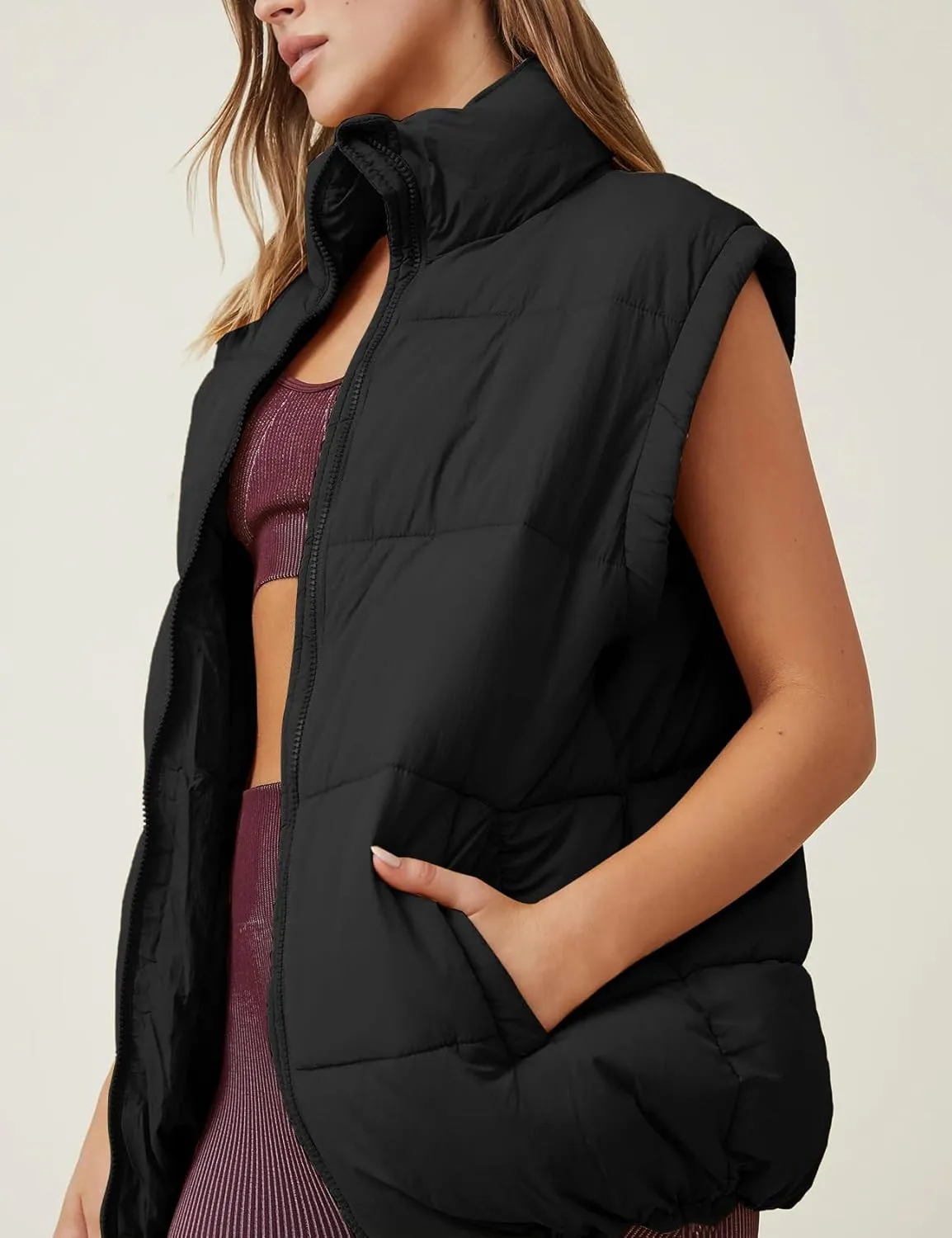 Flygo Puffer Vest Women Zip Up Sleeveless Winter Casual Stand Collar Padded Down Jacket Coat with Pockets