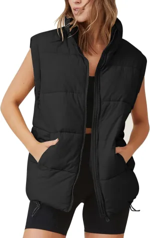 Flygo Puffer Vest Women Zip Up Sleeveless Winter Casual Stand Collar Padded Down Jacket Coat with Pockets