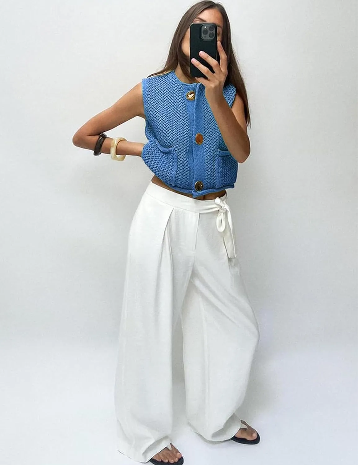 Flygo Womens Crochet Sweater Vest Sleeveless 2025 Trendy Spring Summer Tops Button Crop Chunky Knit Sweaters Cardigan