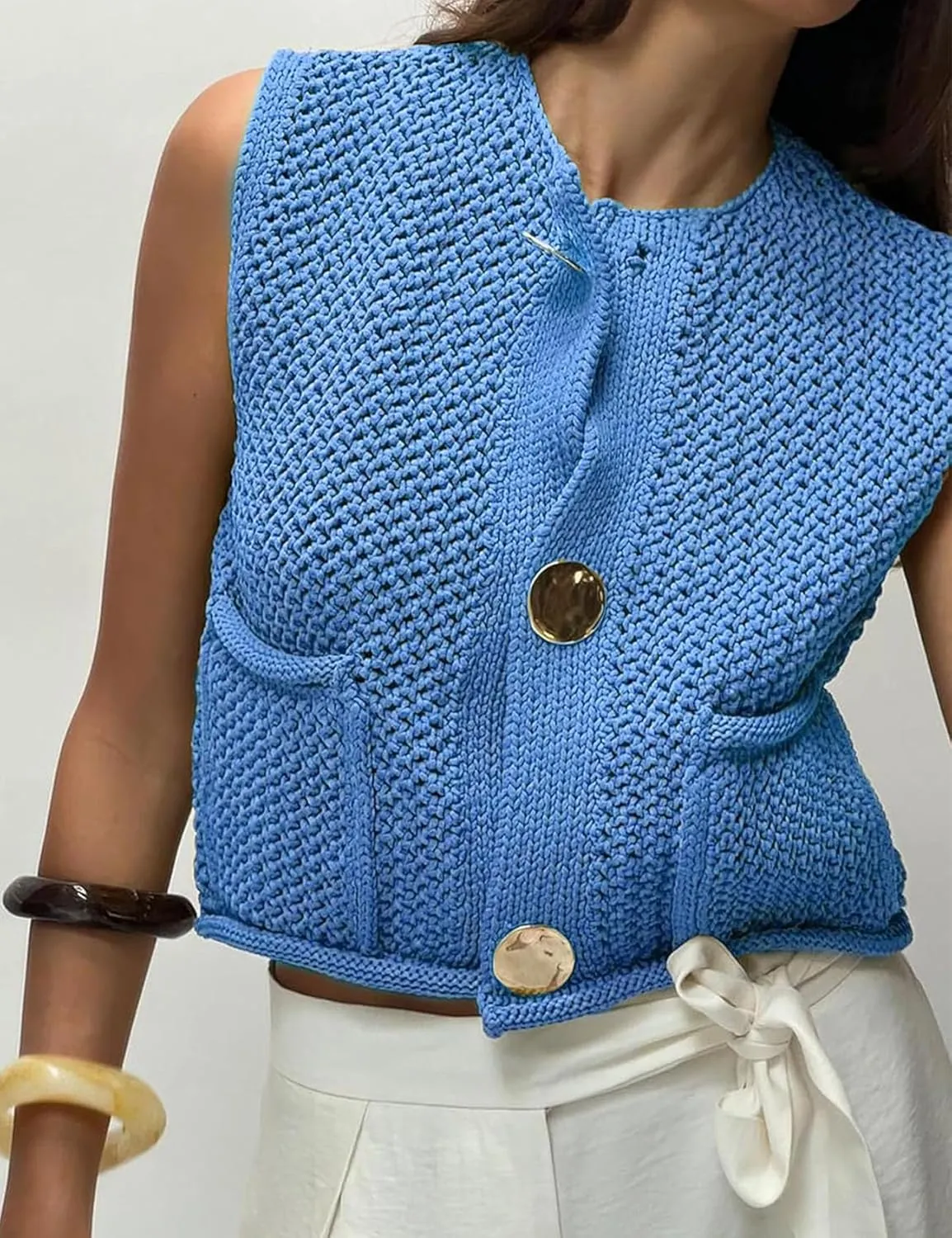 Flygo Womens Crochet Sweater Vest Sleeveless 2025 Trendy Spring Summer Tops Button Crop Chunky Knit Sweaters Cardigan