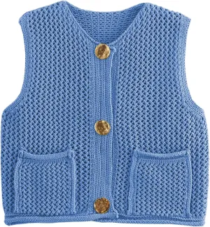 Flygo Womens Crochet Sweater Vest Sleeveless 2025 Trendy Spring Summer Tops Button Crop Chunky Knit Sweaters Cardigan