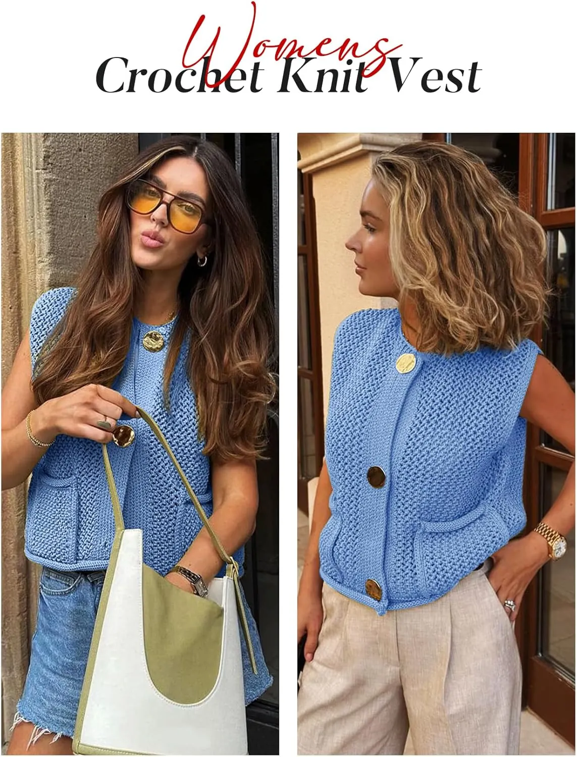 Flygo Womens Crochet Sweater Vest Sleeveless 2025 Trendy Spring Summer Tops Button Crop Chunky Knit Sweaters Cardigan