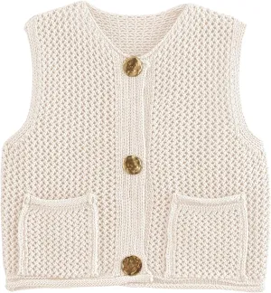 Flygo Womens Crochet Sweater Vest Sleeveless 2025 Trendy Spring Summer Tops Button Crop Chunky Knit Sweaters Cardigan