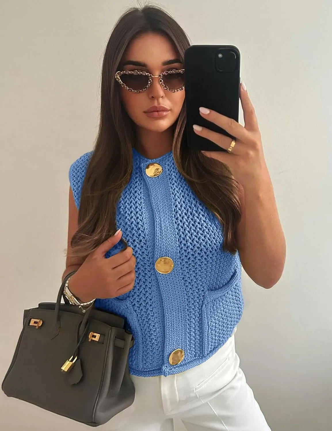 Flygo Womens Crochet Sweater Vest Sleeveless 2025 Trendy Spring Summer Tops Button Crop Chunky Knit Sweaters Cardigan