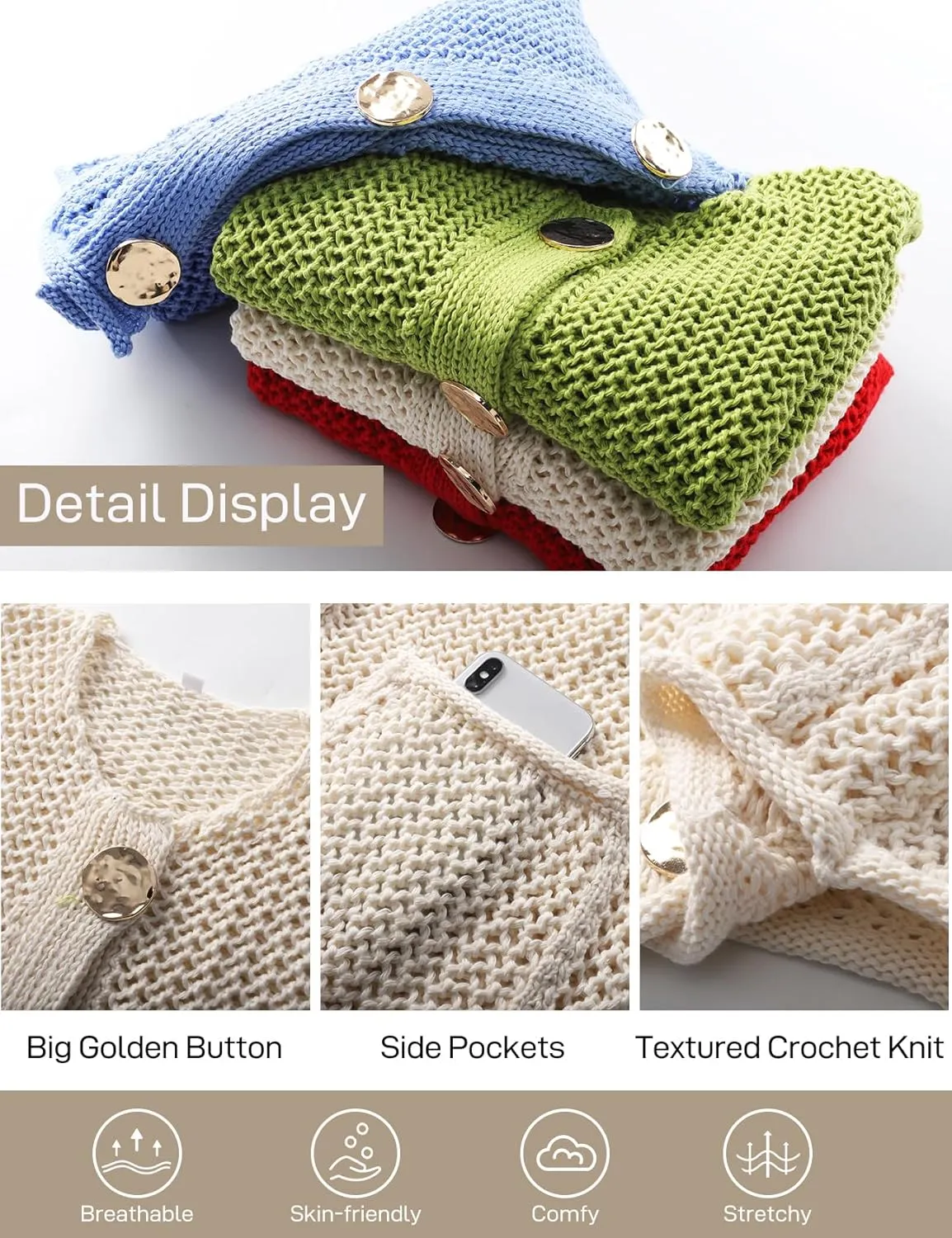 Flygo Womens Crochet Sweater Vest Sleeveless 2025 Trendy Spring Summer Tops Button Crop Chunky Knit Sweaters Cardigan