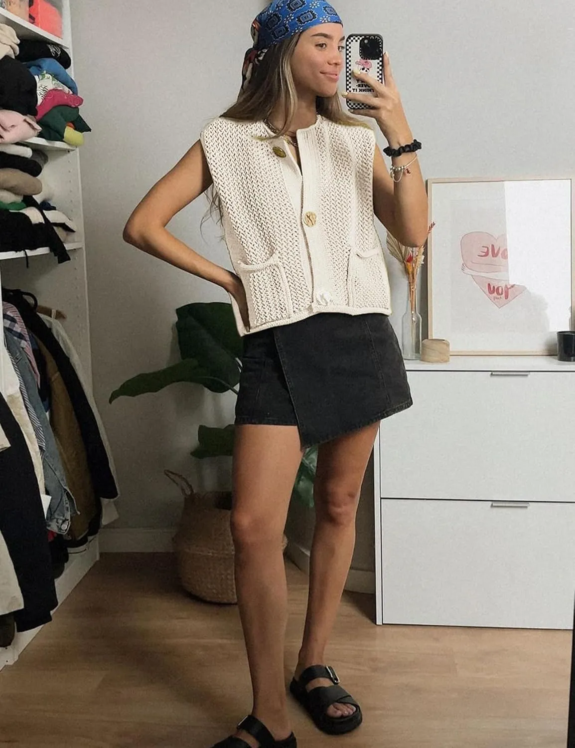 Flygo Womens Crochet Sweater Vest Sleeveless 2025 Trendy Spring Summer Tops Button Crop Chunky Knit Sweaters Cardigan