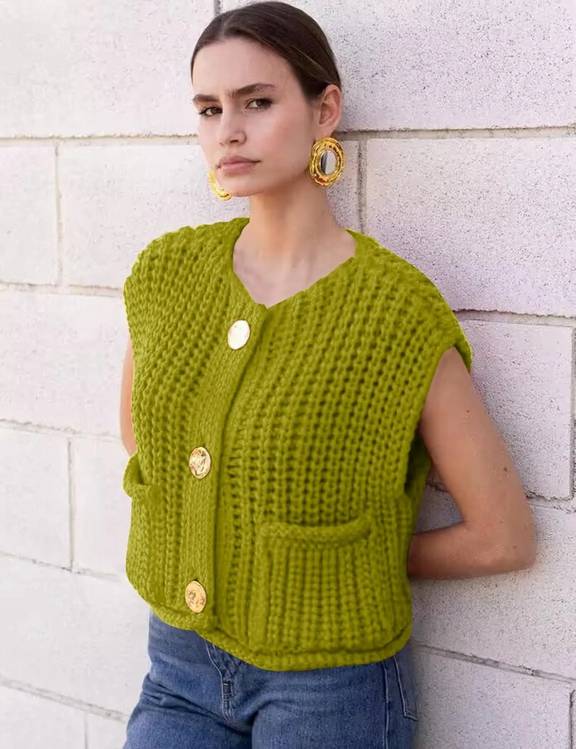 Flygo Womens Sleeveless Sweater Vest 2025 Spring Summer Crop Knit Top Chunky Crochet Button Cardigan Sweaters
