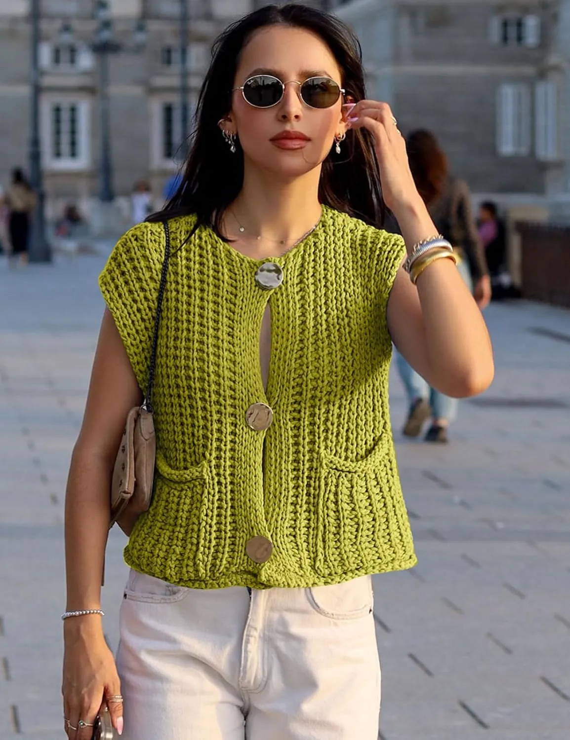 Flygo Womens Sleeveless Sweater Vest 2025 Spring Summer Crop Knit Top Chunky Crochet Button Cardigan Sweaters
