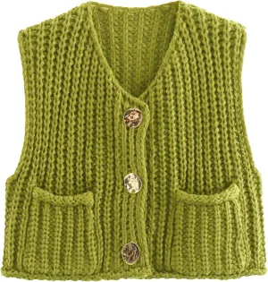 Flygo Womens Sleeveless Sweater Vest 2025 Spring Summer Crop Knit Top Chunky Crochet Button Cardigan Sweaters