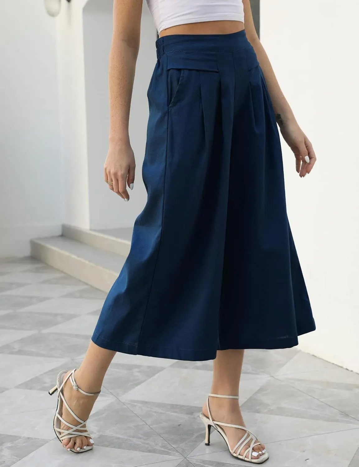 Gihuo Women' s Culottes Linen Blend Wide Leg Pants Elastic Waist Casual Palazzo Trousers with Pockets Capris