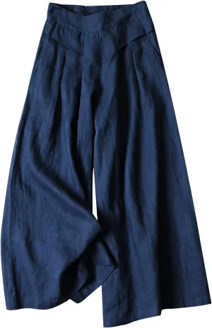 Gihuo Women' s Culottes Linen Blend Wide Leg Pants Elastic Waist Casual Palazzo Trousers with Pockets Capris
